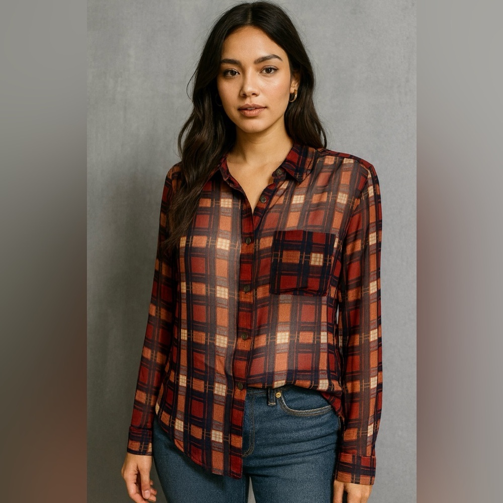Eyeshadow Women’s Sheer Plaid Button Down Blouse Red Grunge Indie Fall Medium